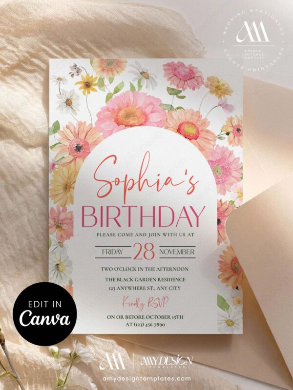 Elegant Floral Arch Birthday Brunch Invitation | Daisy Garden Girl Birthday Party Invite Card | Editable Canva Template