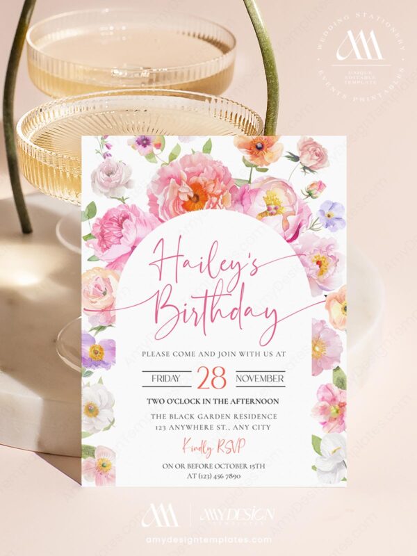 Pink Orange Floral Birthday Brunch Invitation Canva Template | Editable Garden Party Invite | Colorful Wildflower Stationery