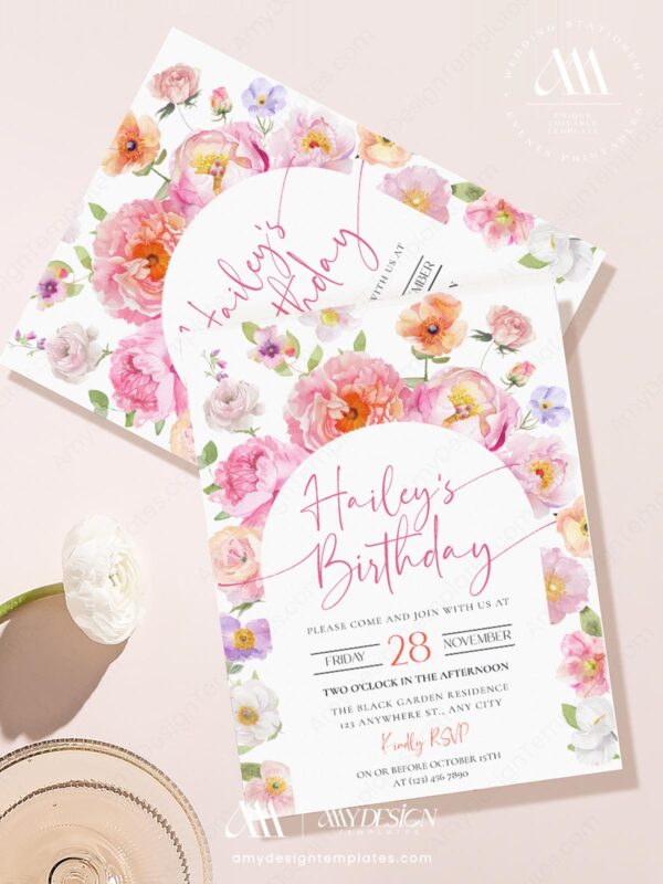 Pink Orange Floral Birthday Brunch Invitation Canva Template | Editable Girl Birthday Party Pink Orange Floral Birthday Brunch Invitation Canva Template | Editable Garden Party Invite | Colorful Wildflower Stationery
