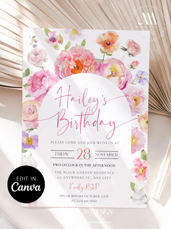 Pink Orange Floral Birthday Brunch Invitation Canva Template | Editable Girl Birthday Party Pink Orange Floral Birthday Brunch Invitation Canva Template | Editable Garden Party Invite | Colorful Wildflower Stationery
