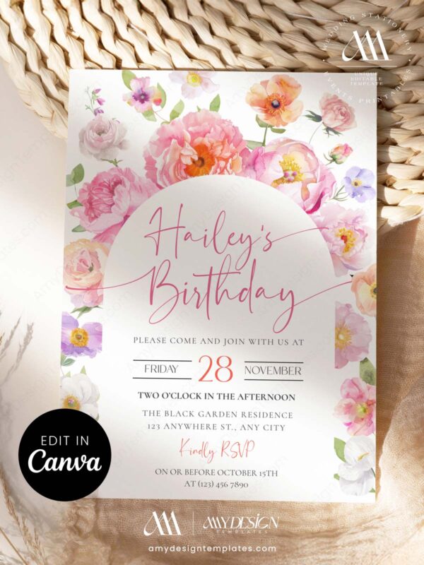 Pink Orange Floral Birthday Brunch Invitation Canva Template | Editable Garden Party Invite | Colorful Wildflower Stationery