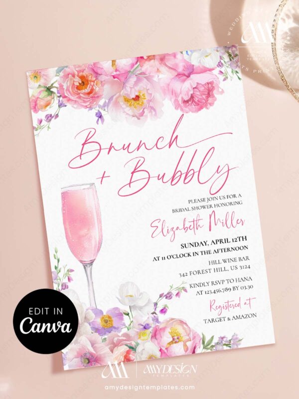 Pink Purple Floral Brunch Bubbly Bridal Shower Invitation | Editable Canva Garden Party Template | Elegant Spring Flower Stationery
