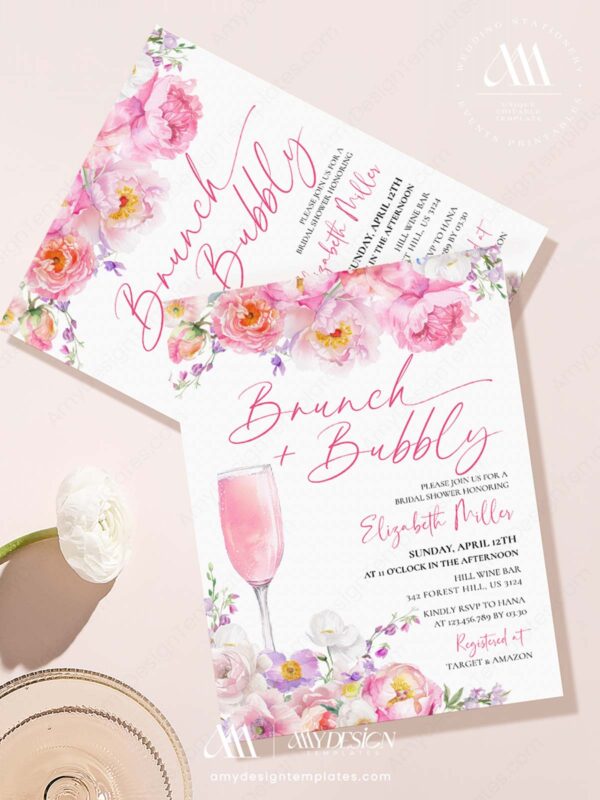 Pink Purple Floral Brunch Bubbly Bridal Shower Invitation | Editable Canva Template | Elegant Spring Flower Garden Party Pink Purple Floral Brunch Bubbly Bridal Shower Invitation | Editable Canva Garden Party Template | Elegant Spring Flower Stationery