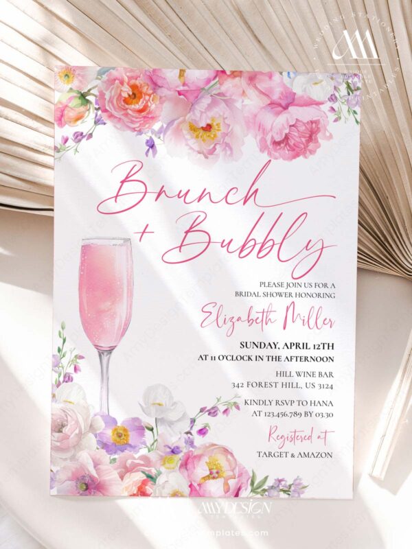 Pink Purple Floral Brunch Bubbly Bridal Shower Invitation | Editable Canva Garden Party Template | Elegant Spring Flower Stationery