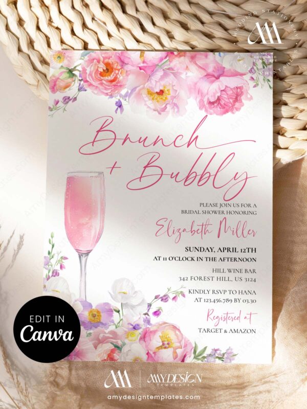 Pink Purple Floral Brunch Bubbly Bridal Shower Invitation | Editable Canva Template | Elegant Spring Flower Garden Party Pink Purple Floral Brunch Bubbly Bridal Shower Invitation | Editable Canva Garden Party Template | Elegant Spring Flower Stationery