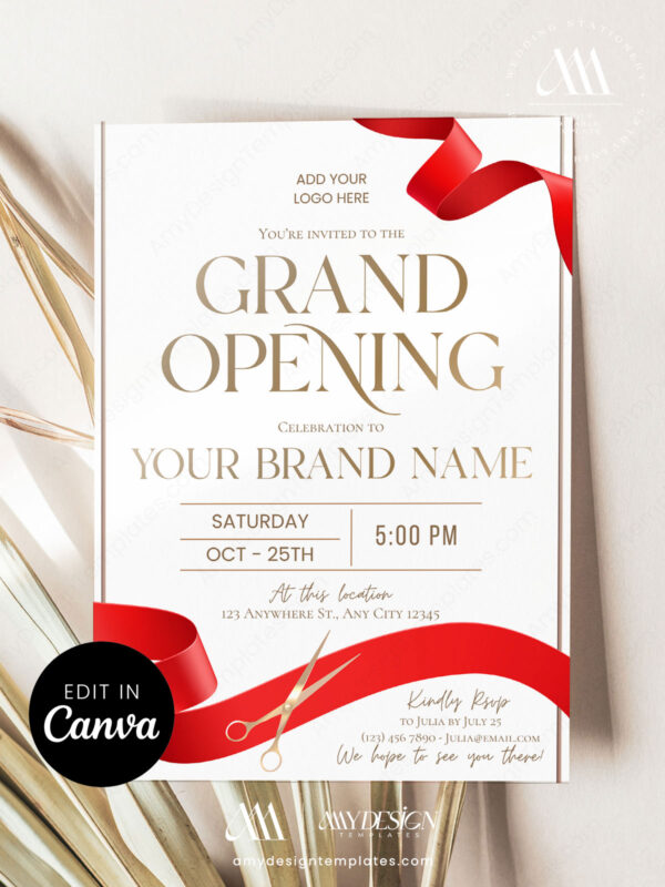 Luxury Grand Opening Flyer Invitation Template Canva | Business Launch Invite | Ribbon Cutting Events