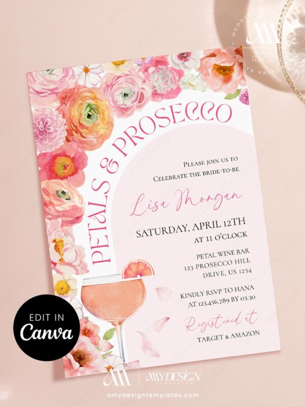 Petals & Prosecco Bridal Shower Invitation | Pink Floral Champagne Theme Invite | Editable Canva Template | Elegant Garden Party