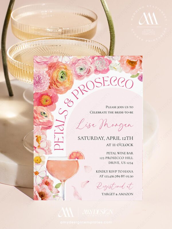 Petals & Prosecco Bridal Shower Invitation | Pink Floral Champagne Theme Invite | Editable Canva Template | Elegant Garden Party