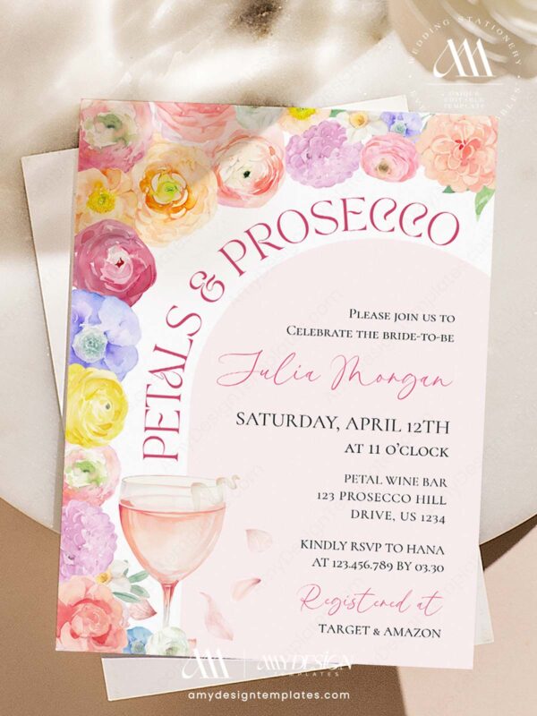 Floral Arch Petals Prosecco Bridal Shower Invitation Canva Template | Printable Spring Bloom Shower Invite Card