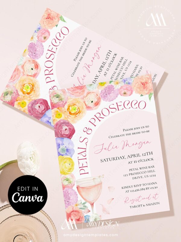 Floral Arch Petals Prosecco Bridal Shower Invitation Canva Template | Printable Spring Bloom Shower Invite Card