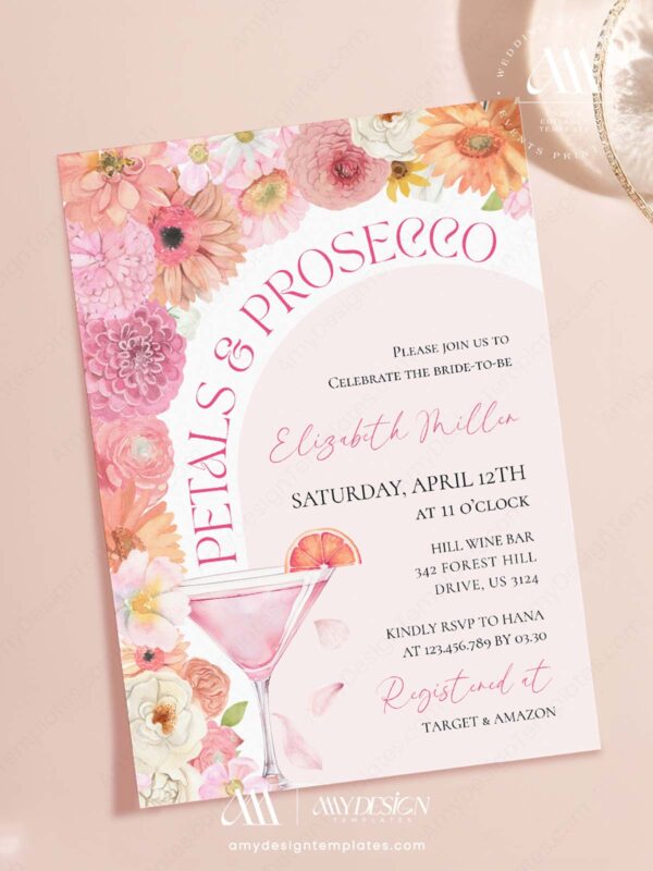 Spring Floral Prosecco Bridal Shower Invitation | Bloom Flowers Garden Arch Theme | Editable Canva Template