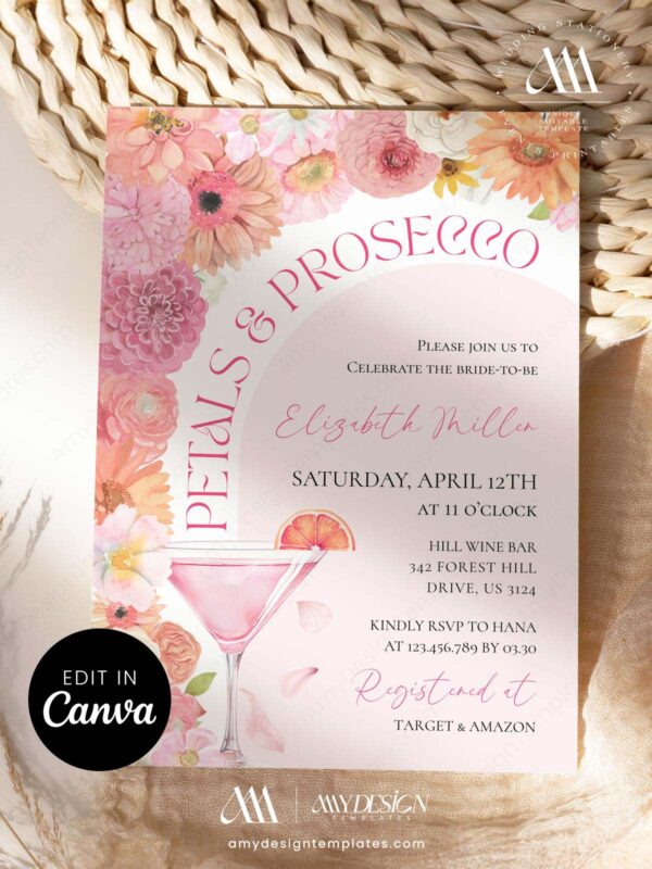 Spring Floral Prosecco Bridal Shower Invitation | Bloom Flowers Garden Arch Theme | Editable Canva Template