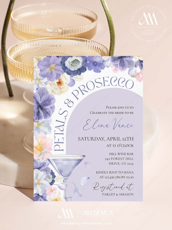 Purple Floral Prosecco Bridal Shower Invitation | Editable Canva Template