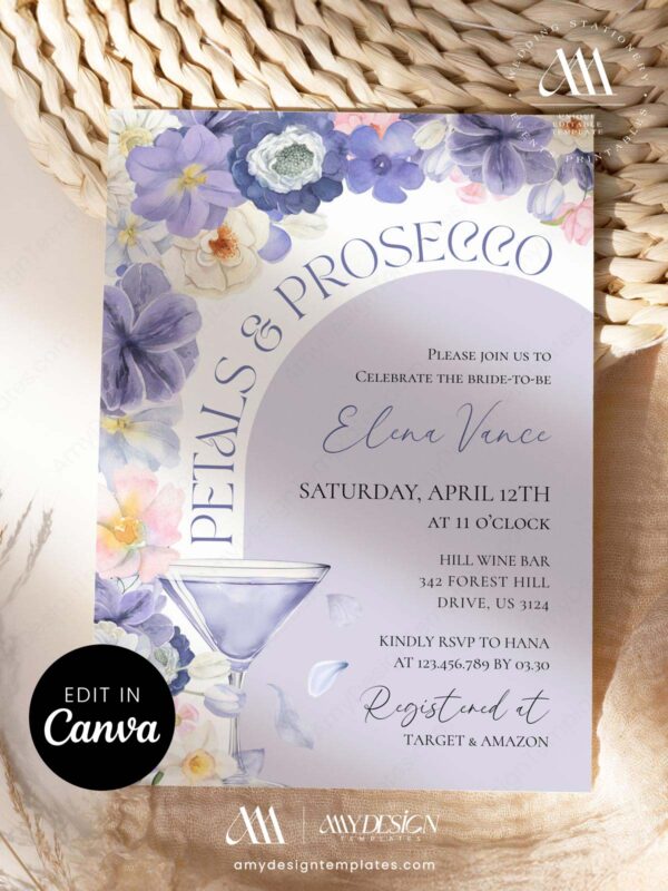 Purple Floral Prosecco Bridal Shower Invitation | Editable Canva Template
