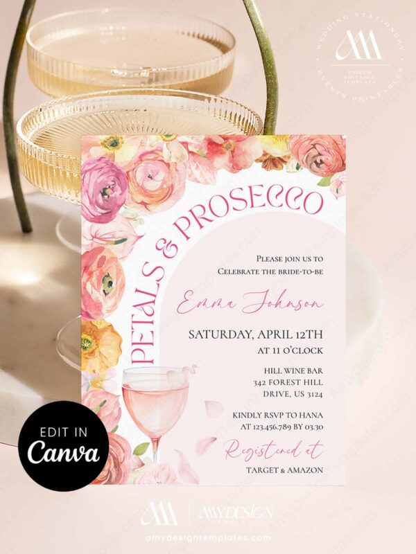 Romantic Soft Pink Petals & Prosecco Bridal Shower Invitation | Pastel Floral Bubbly Luncheon Invite Card Canva Template