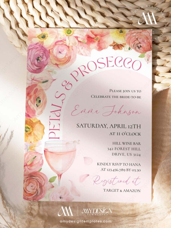 Romantic Soft Pink Petals & Prosecco Bridal Shower Invitation | Pastel Floral Bubbly Luncheon Invite Card Canva Template