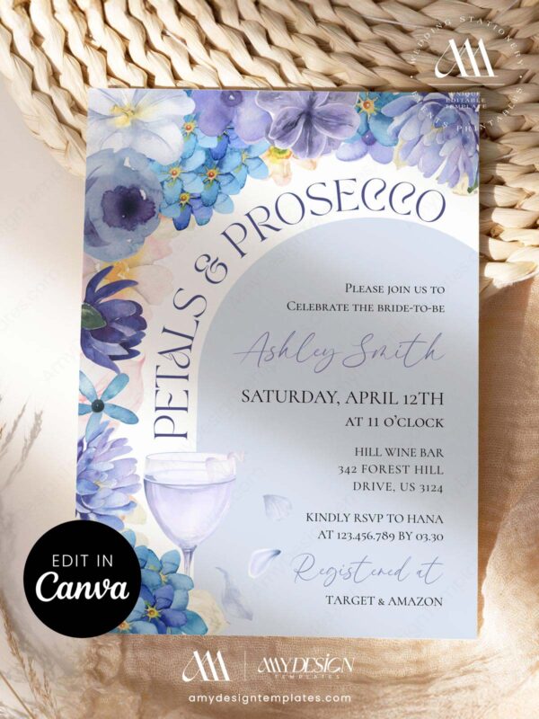 Dusty Blue Petal Prosecco Bridal Shower Invitation Canva Template | Elegant Floral Prosecco Theme