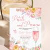 Peach Blush Pink Petals Prosecco Bridal Shower Invitation | Editable Canva Template | Garden Party Brunch Invite