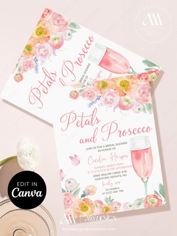 Peach Blush Pink Petals Prosecco Bridal Shower Invitation | Editable Canva Template | Garden Party Brunch Invite