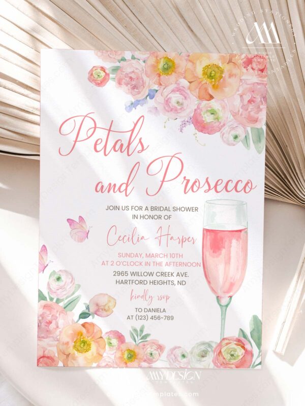 Peach Blush Pink Petals Prosecco Bridal Shower Invitation | Editable Canva Template | Garden Party Brunch Invite