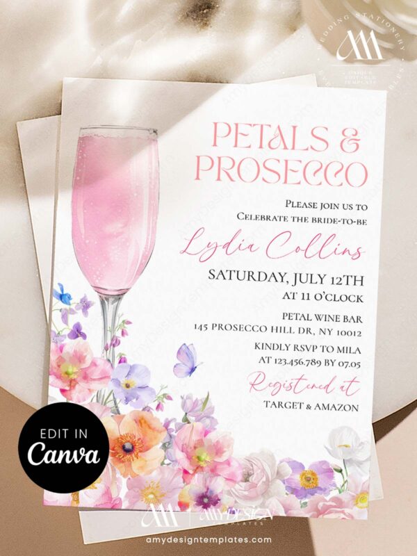 Peach Pink Floral Petals Prosecco Bridal Shower Invitation Template | Editable Canva Brunch Invite | Garden Party Digital Download