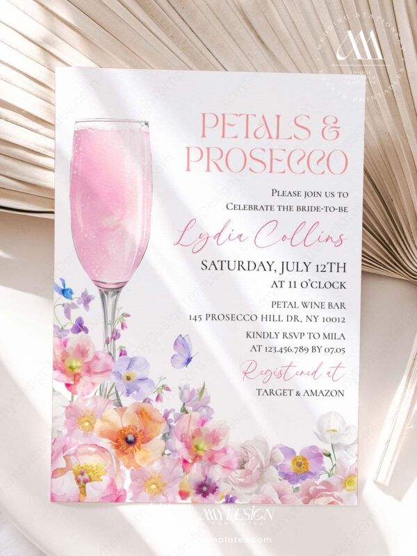 Peach Pink Floral Petals Prosecco Bridal Shower Invitation Template | Editable Canva Brunch Invite | Garden Party Digital Download