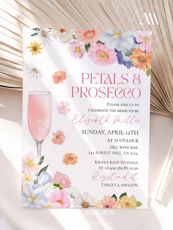 Pink Orange Petals Prosecco Bridal Shower Invitation Template | Editable Canva Brunch Invite | Instant Download