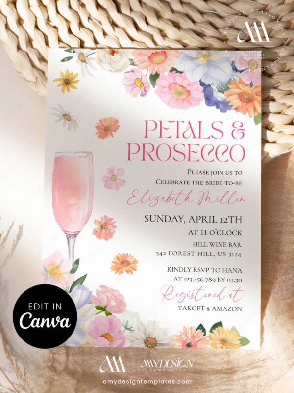 Pink Orange Petals Prosecco Bridal Shower Invitation Template | Editable Canva Brunch Invite | Instant Download