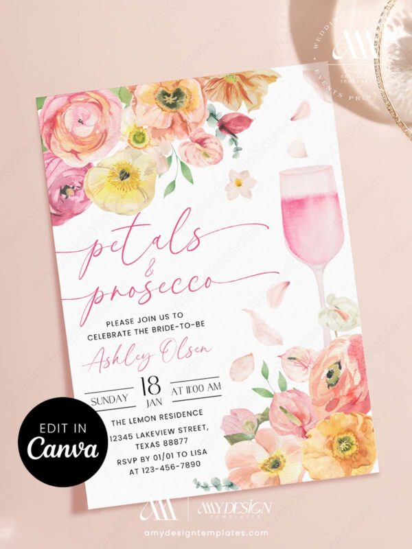 Romantic Garden Floral Petals Prosecco Bridal Shower Invitation Template Editable Canva | Pink Orange Peach Brunch Party Invite