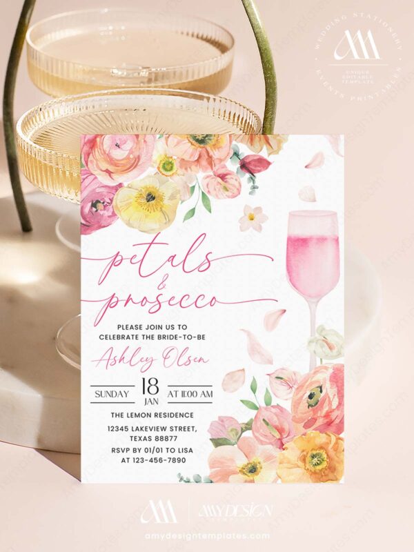 Romantic Garden Floral Petals Prosecco Bridal Shower Invitation Template Editable Canva | Pink Orange Peach Brunch Party Invite