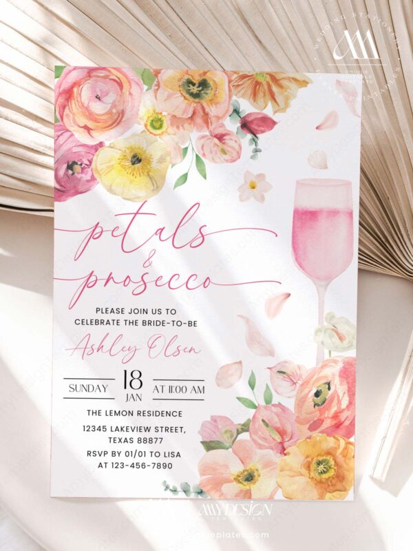 Romantic Garden Floral Petals Prosecco Bridal Shower Invitation Template Editable Canva | Pink Orange Peach Brunch Party Invite