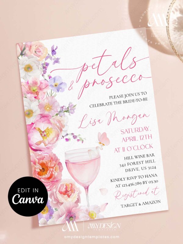 Spring Floral Petals Prosecco Bridal Shower Invitation Canva Template | Editable Bridal Brunch Invite | Colorful Garden Party Pink Orange Lavender