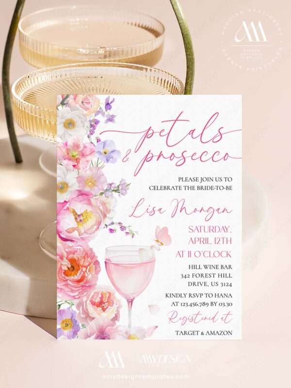 Spring Floral Petals Prosecco Bridal Shower Invitation Canva Template | Editable Bridal Brunch Invite | Colorful Garden Party Pink Orange Lavender Spring Floral Petals Prosecco Bridal Shower Invitation Canva Template | Editable Bridal Brunch Invite | Colorful Garden Party Pink Orange Lavender