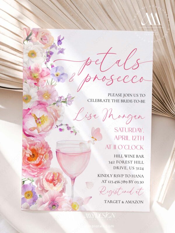 Spring Floral Petals Prosecco Bridal Shower Invitation Canva Template | Editable Bridal Brunch Invite | Colorful Garden Party Pink Orange Lavender