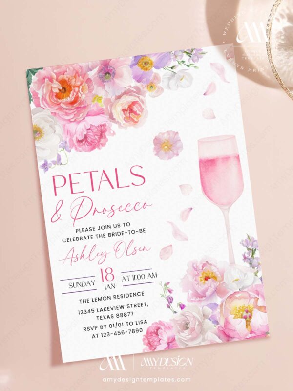 Pink Purple Bloom Petals Prosecco Bridal Shower Invite | Editable Canva Brunch Template | Elegant Garden Stationery