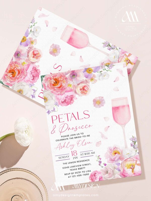 Pink Purple Bloom Petals Prosecco Bridal Shower Invite | Editable Canva Brunch Template | Elegant Garden Stationery Pink Purple Bloom Petals Prosecco Bridal Shower Invite | Editable Canva Brunch Template | Elegant Garden Stationery