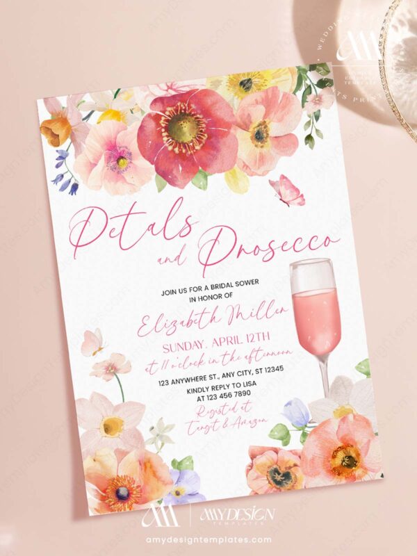 Red Orange Floral Petals Prosecco Bridal Shower Invitation Canva Template | Editable Shower Brunch Invite | Vibrant Summer Stationery