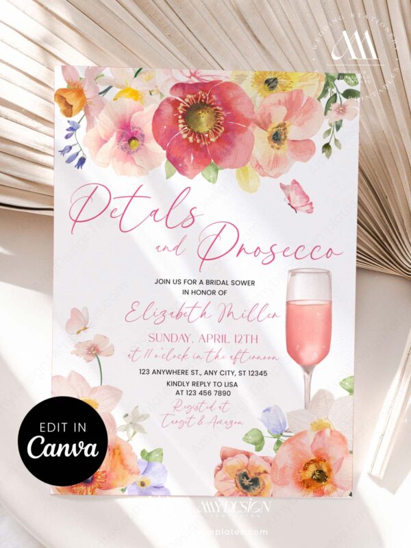 Red Orange Floral Petals Prosecco Bridal Shower Invitation Canva Template | Editable Shower Brunch Invite | Vibrant Summer Stationery