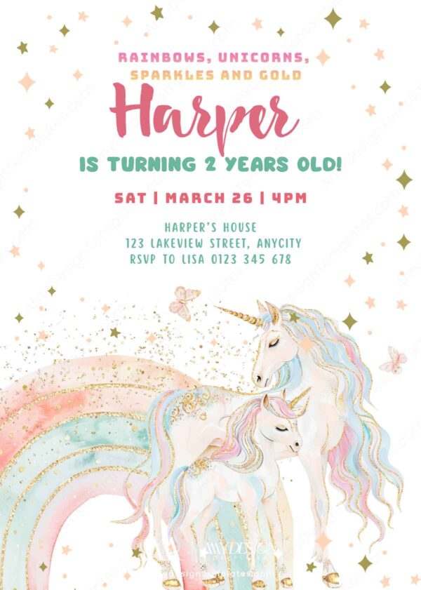 Magical Unicorn Birthday Invitation Template | Pastel Rainbow Unicorn Party Invite Canva