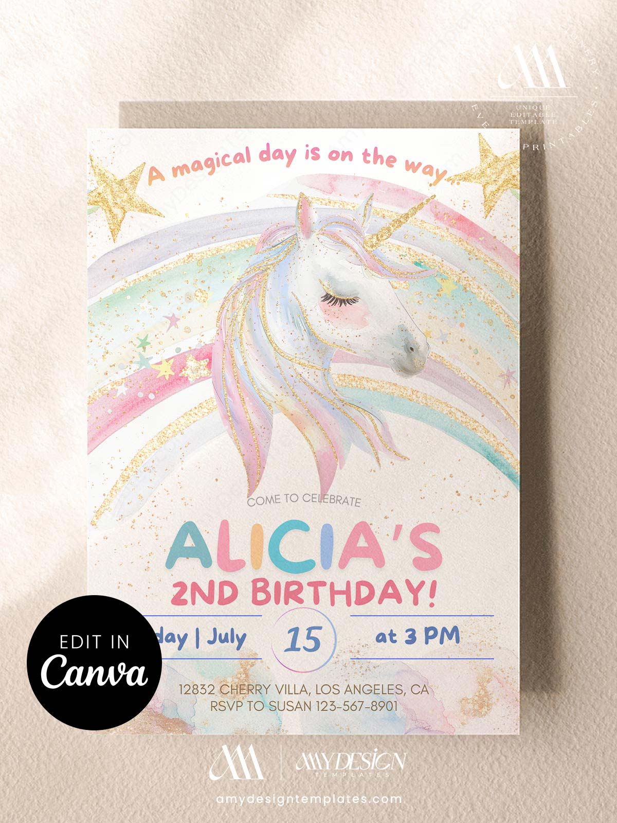 Enchanted Rainbow Unicorn Birthday Party Invitation | Pastel Girls Birthday Celebration Enchanted Rainbow Unicorn Birthday Party Invitation | Soft Pastel Birthday Invite | Editable Canva Template | Girls Birthday Celebration