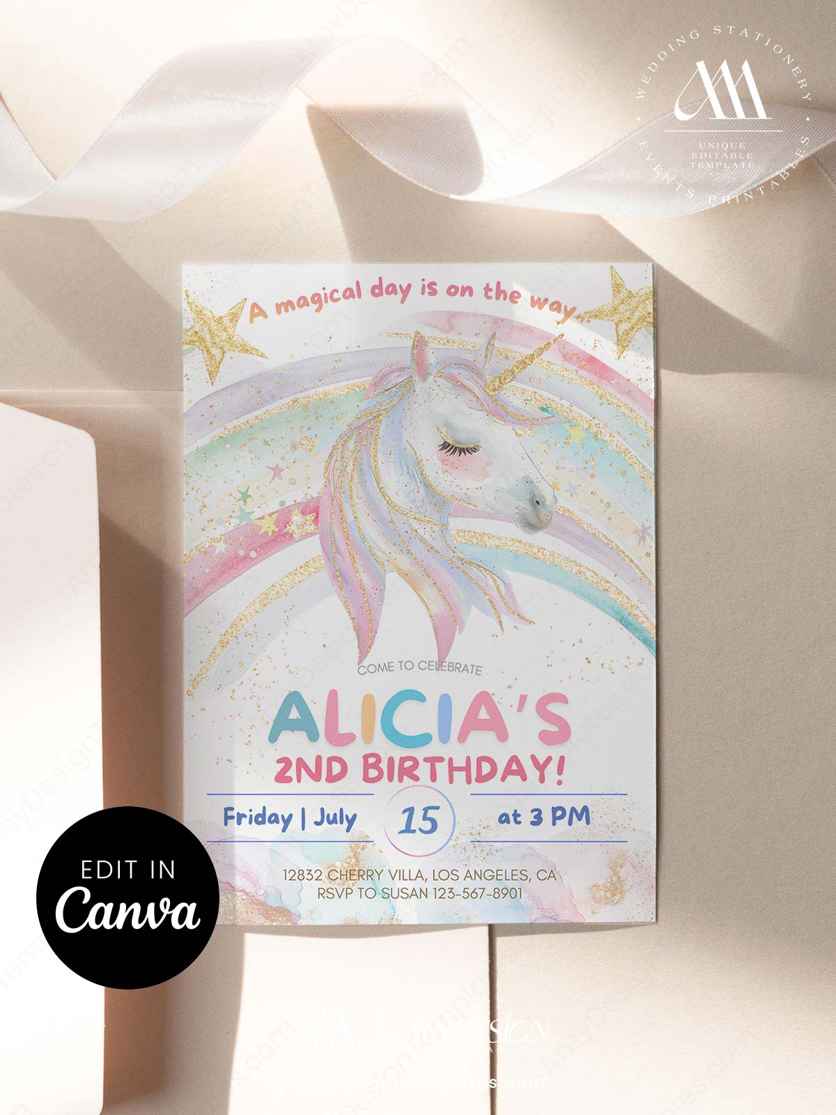 Enchanted Rainbow Unicorn Birthday Party Invitation | Pastel Girls Birthday Celebration Enchanted Rainbow Unicorn Birthday Party Invitation | Soft Pastel Birthday Invite | Editable Canva Template | Girls Birthday Celebration