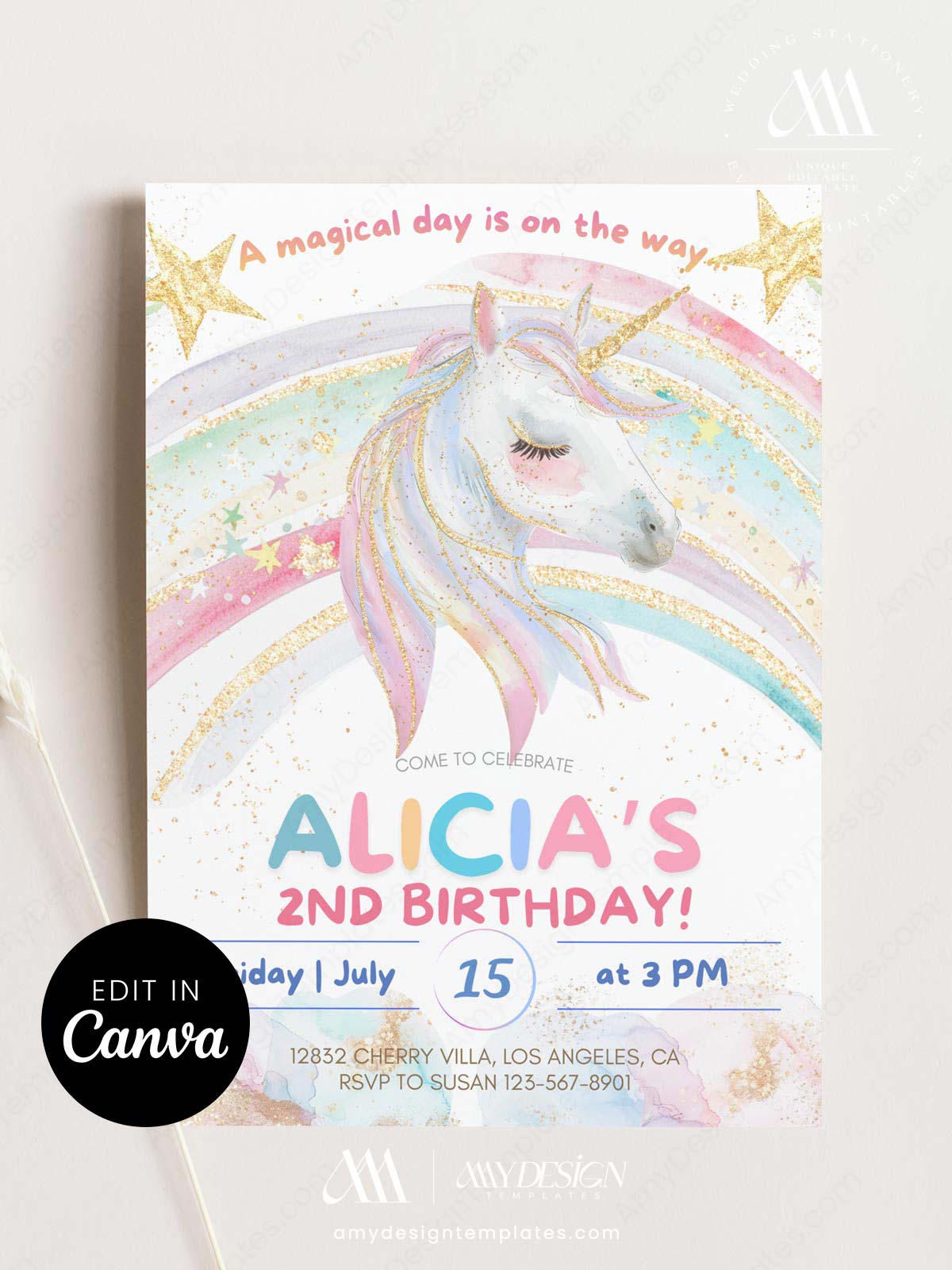 Enchanted Rainbow Unicorn Birthday Party Invitation | Pastel Girls Birthday Celebration Enchanted Rainbow Unicorn Birthday Party Invitation | Soft Pastel Birthday Invite | Editable Canva Template | Girls Birthday Celebration