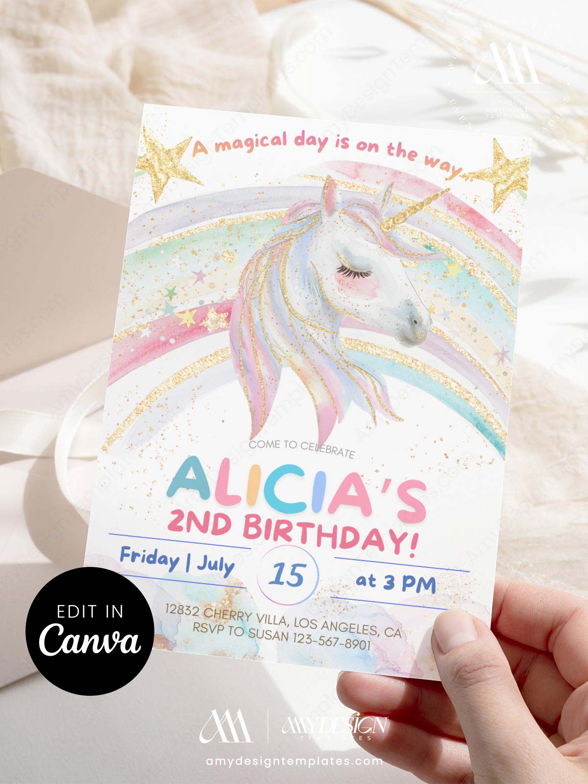 Enchanted Rainbow Unicorn Birthday Party Invitation | Pastel Girls Birthday Celebration Enchanted Rainbow Unicorn Birthday Party Invitation | Soft Pastel Birthday Invite | Editable Canva Template | Girls Birthday Celebration