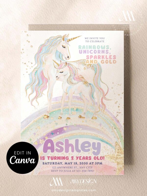 Magical Unicorn Girls Birthday Invitation Canva Template | Dreamy Watercolor Party Invite Editable | Sparkle Gold Birthday Card