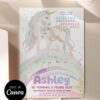 Magical Unicorn Girls Birthday Invitation Canva Template | Dreamy Watercolor Party Invite Editable | Sparkle Gold Birthday Card