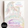 Magical Unicorn Girls Birthday Invitation Canva Template | Dreamy Watercolor Party Invite Editable | Sparkle Gold Birthday Card