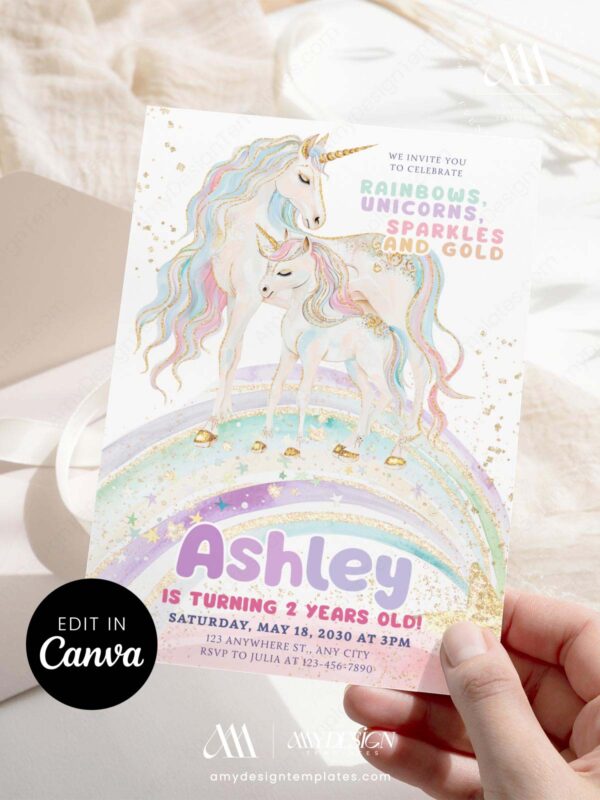 Magical Unicorn Girls Birthday Invitation Canva Template | Dreamy Watercolor Party Invite Editable | Sparkle Gold Birthday Card