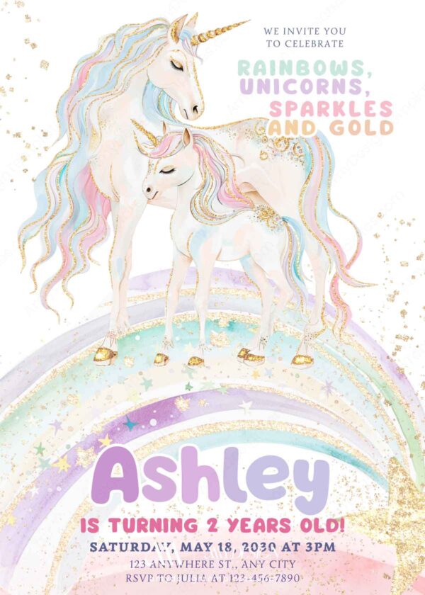 Magical Unicorn Girls Birthday Invitation Canva Template | Dreamy Watercolor Party Invite Editable | Sparkle Gold Birthday Card