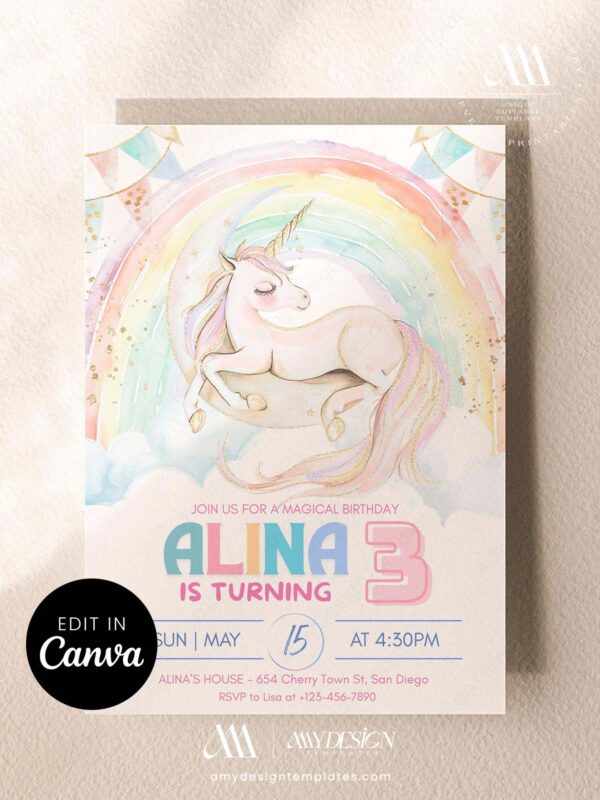 Moonlight Rainbow Unicorn Birthday Invitation Card Printable | Whimsical Unicorn Party Invite Canva Template | Fairytale Girls Birthday Design