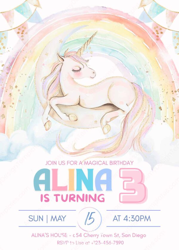 Moonlight Rainbow Unicorn Birthday Invitation Card Printable | Whimsical Unicorn Party Invite Canva Template | Fairytale Girls Birthday Design
